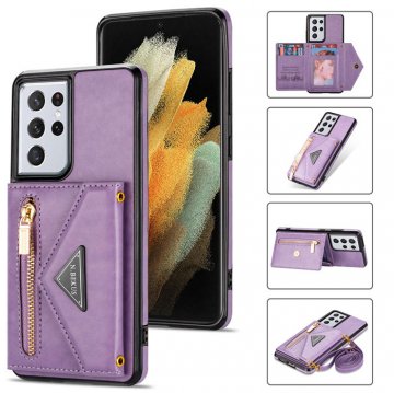 Crossbody Zipper Wallet Samsung Galaxy S21 Ultra Case With Strap Purple