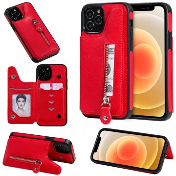 iPhone 12 Pro Zipper Pocket Card Slots Magnetic Clasp Stand Case Red