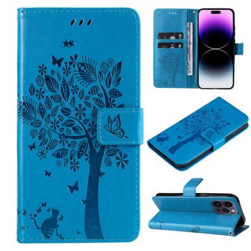 Embossed Butterfly Tree Leather Wallet Stand Phone Case Blue