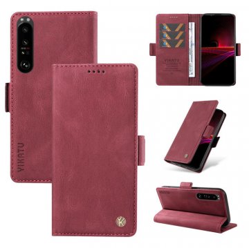 YIKATU Sony Xperia 1 III Skin-touch Wallet Kickstand Case Wine Red