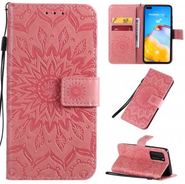 Huawei P40 Embossed Sunflower Wallet Stand Case Pink
