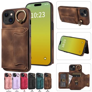 For iPhone 15 Plus Card Holder Ring Kickstand PU Leather Case Coffee