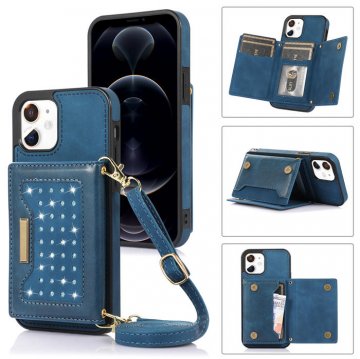 Bling Crossbody Bag Wallet iPhone 12/12 Pro Case with Lanyard Strap Blue