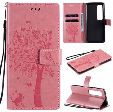 Xiaomi Mi 10 Ultra Embossed Tree Cat Butterfly Wallet Stand Case Pink