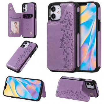 iPhone 12 Mini Luxury Cute Cats Magnetic Card Slots Stand Case Purple