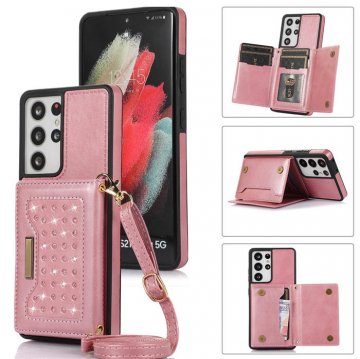Bling Crossbody Wallet Samsung Galaxy S21 Ultra Case with Strap Rose Gold