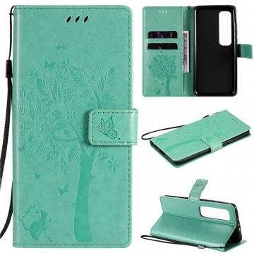Xiaomi Mi 10 Ultra Embossed Tree Cat Butterfly Wallet Stand Case Green