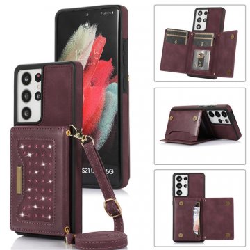 Bling Crossbody Wallet Samsung Galaxy S21 Ultra Case with Strap Red