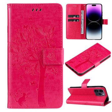 Embossed Butterfly Tree Leather Wallet Stand Phone Case Rose
