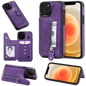 iPhone 12 Pro Zipper Pocket Card Slots Magnetic Clasp Stand Case Purple