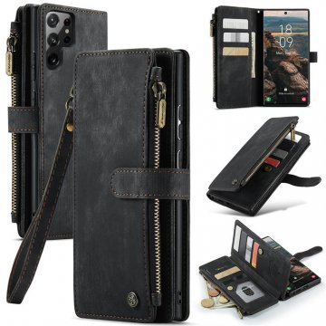 CaseMe Samsung Galaxy S22 Ultra Wallet Kickstand Leather Case Black