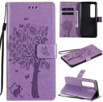 Xiaomi Mi 10 Ultra Embossed Tree Cat Butterfly Wallet Stand Case Lavender