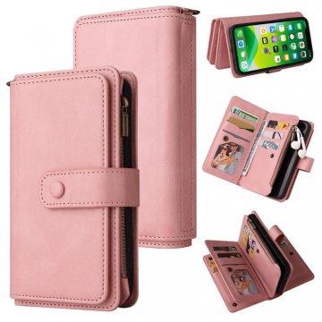 iPhone 13 Wallet 15 Card Slots Case with Wrist Strap Pink