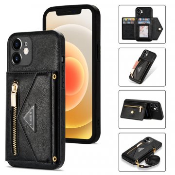 Crossbody Zipper Wallet iPhone 12 Mini Case With Strap Black