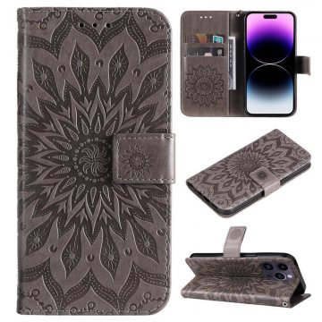 Embossed Sunflower Leather Wallet Kickstand Phone Case Gray