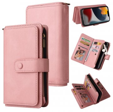 iPhone 14 Plus Wallet 15 Card Slots Case with Wrist Strap Pink
