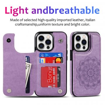 Mandala Embossed iPhone 14 Pro Case with Card Holder Purple