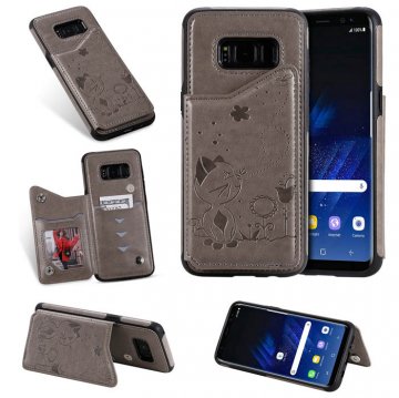 Samsung Galaxy S8 Bee and Cat Magnetic Card Slots Stand Cover Gray