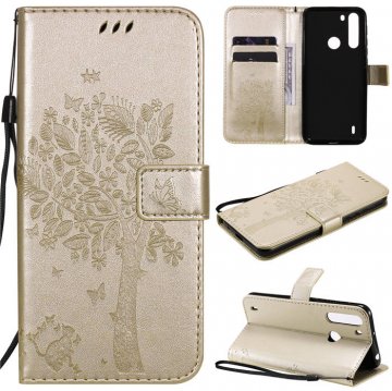 Motorola One Fusion Embossed Tree Cat Butterfly Wallet Stand Case Gold