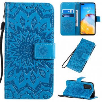Huawei P40 Embossed Sunflower Wallet Stand Case Blue