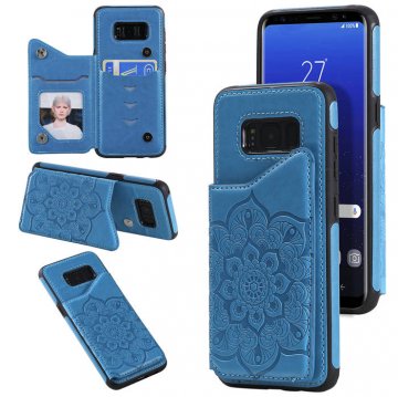 Blue Butterfly Flower Embossed Pattern Design Leather Holder Full Body Protection Bumper Kickstand Card Slot Function Magnetic Closure Flip Cover with Wrist Lanyard for Samsung Galaxy S8 Wallet Case and Screen Protector,OYIME