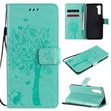 OnePlus Nord Embossed Tree Cat Butterfly Wallet Stand Case Green
