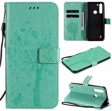Motorola One Fusion Embossed Tree Cat Butterfly Wallet Stand Case Green