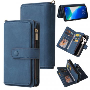 iPhone 14 Pro Wallet 15 Card Slots Case with Wrist Strap Blue