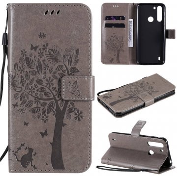 Motorola One Fusion Embossed Tree Cat Butterfly Wallet Stand Case Gray