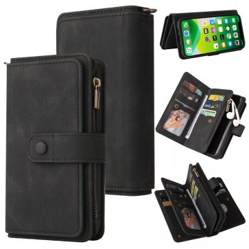 iPhone 13 Wallet 15 Card Slots Case with Wrist Strap Black