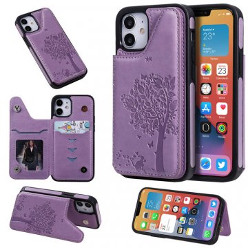 iPhone 12 Embossed Tree Cat Magnetic Clasp Wallet Stand Case Purple