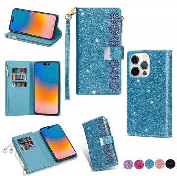 Bling Glitter Carving Zipper Wallet 9 Card Slots Case with Wrist Strap Blue