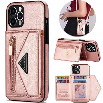 Crossbody Strap Zipper Wallet Kickstand Phone Cover Rose Gold