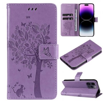 Embossed Butterfly Tree Leather Wallet Stand Phone Case Lavender