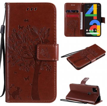 Google Pixel 4A 4G Embossed Tree Cat Butterfly Wallet Stand Case Brown