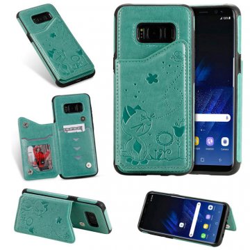 Samsung Galaxy S8 Bee and Cat Magnetic Card Slots Stand Cover Green