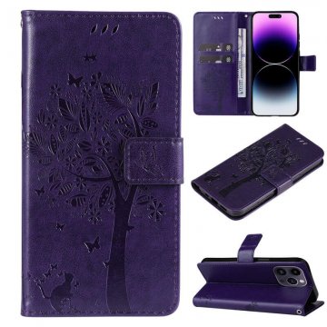Embossed Butterfly Tree Leather Wallet Stand Phone Case Purple