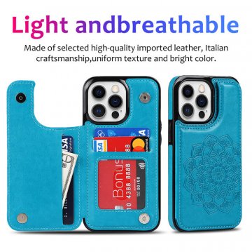 Mandala Embossed iPhone 14 Pro Case with Card Holder Blue