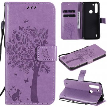 Motorola One Fusion Embossed Tree Cat Butterfly Wallet Stand Case Lavender