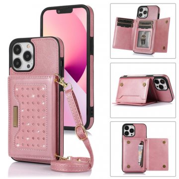 Bling Crossbody Bag Wallet iPhone 13 Pro Max Case with Lanyard Strap Rose Gold