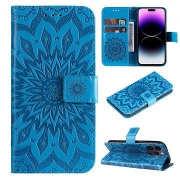Embossed Sunflower Leather Wallet Kickstand Phone Case Blue