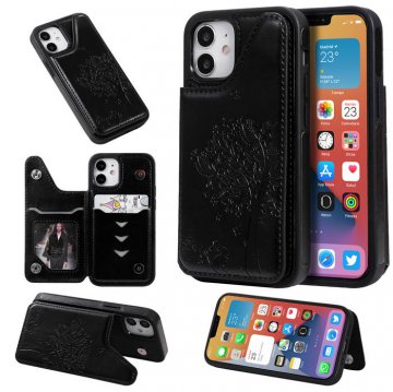 iPhone 12 Mini Embossed Tree Cat Magnetic Clasp Wallet Stand Case Black