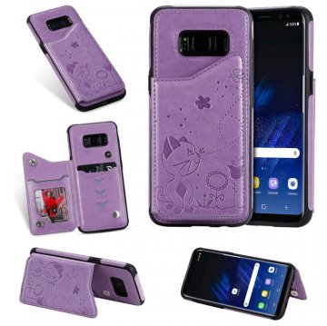 Samsung Galaxy S8 Bee and Cat Magnetic Card Slots Stand Cover Purple