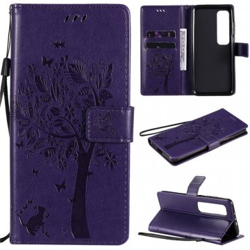 Xiaomi Mi 10 Ultra Embossed Tree Cat Butterfly Wallet Stand Case Purple