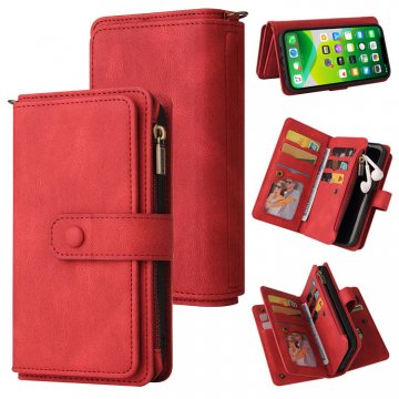 iPhone 13 Wallet 15 Card Slots Case with Wrist Strap Red
