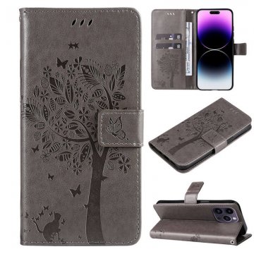 Embossed Butterfly Tree Leather Wallet Stand Phone Case Gray