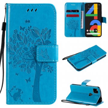 Google Pixel 4A 4G Embossed Tree Cat Butterfly Wallet Stand Case Blue