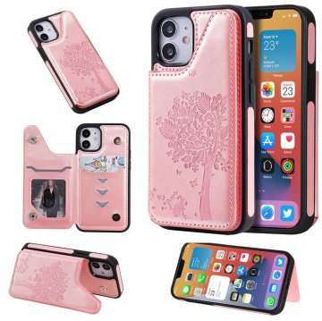 iPhone 12 Embossed Tree Cat Magnetic Clasp Wallet Stand Case Rose Gold