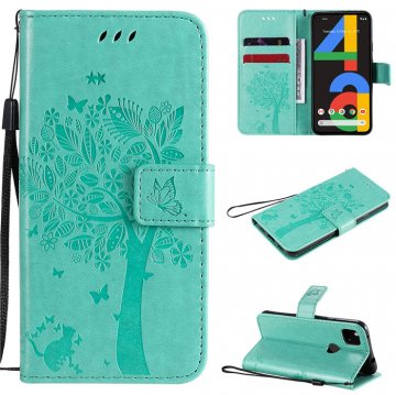 Google Pixel 4A 4G Embossed Tree Cat Butterfly Wallet Stand Case Green
