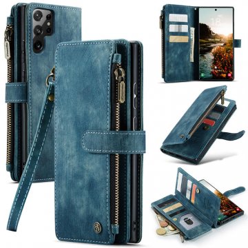 CaseMe Samsung Galaxy S22 Ultra Wallet Kickstand Leather Case Blue